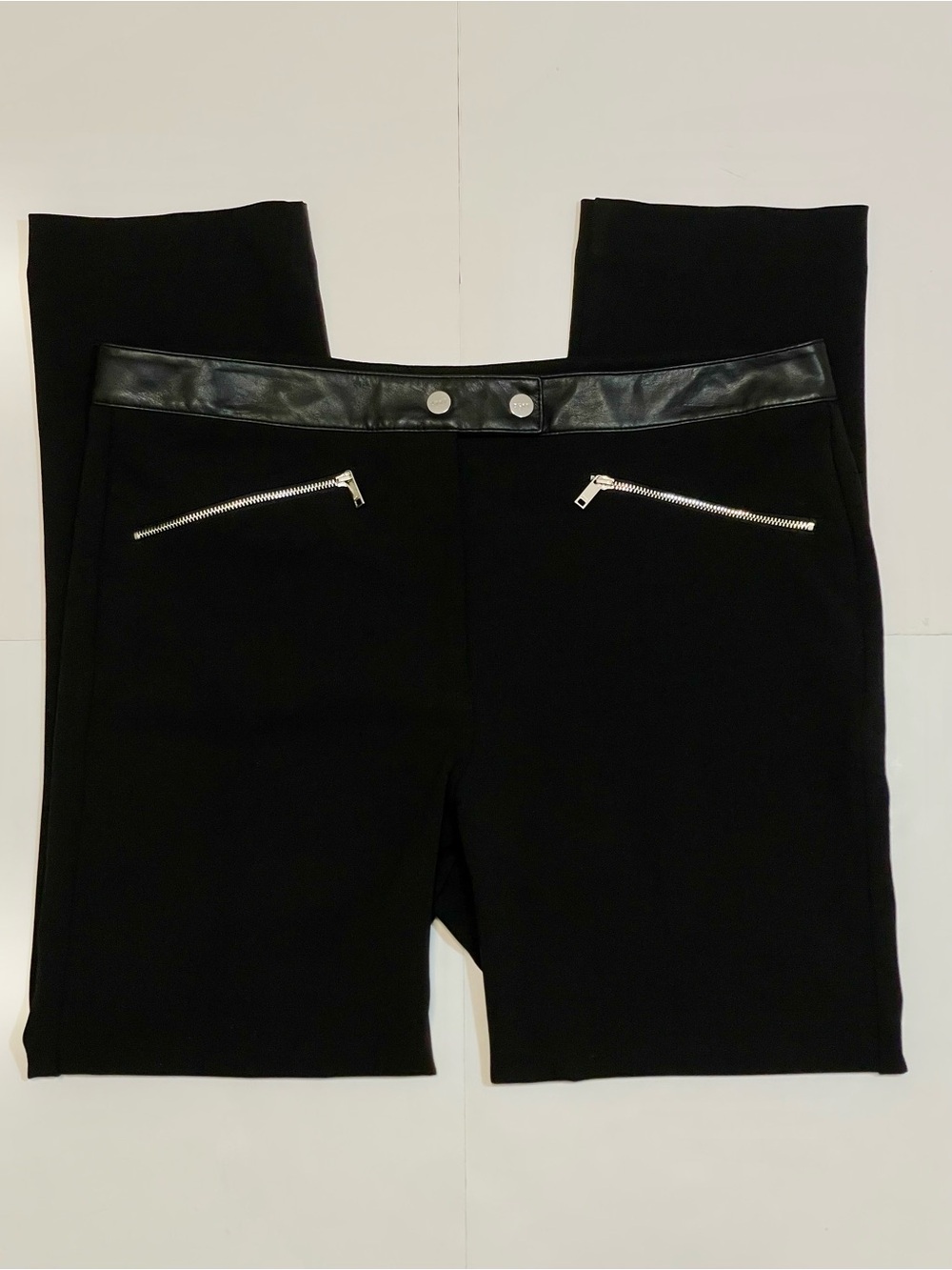 DKNY Black Dress Pants with Faux Leather Waistband and Silver Zippers Size 12
